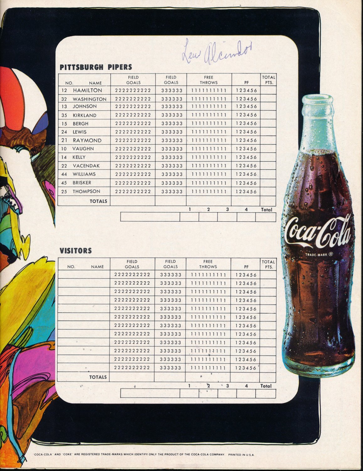 1969-70 Original Vintage Pipers Program Signed by (4) Including Lew Alcindor, Dennis Hamilton, Ernie Ruple (JSA ALOA) at PristineAuction.com 1969-70 Original Vintage Pipers Program Signed by (4) Including Lew Alcindor, Dennis Hamilton, Ernie Ruple (JSA ALOA) at PristineAuction.com
