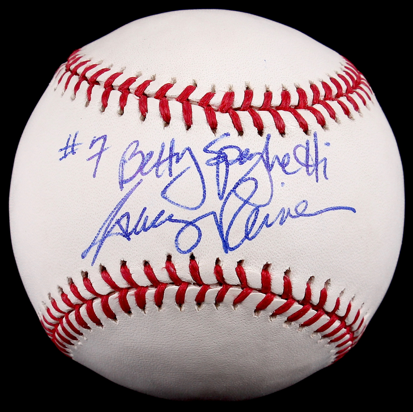 Tracy Reiner Signed OML Baseball Inscribed "#7 Betty Spaghetti" (JSA COA) at PristineAuction.com Tracy Reiner Signed OML Baseball Inscribed "#7 Betty Spaghetti" (JSA COA) at PristineAuction.com