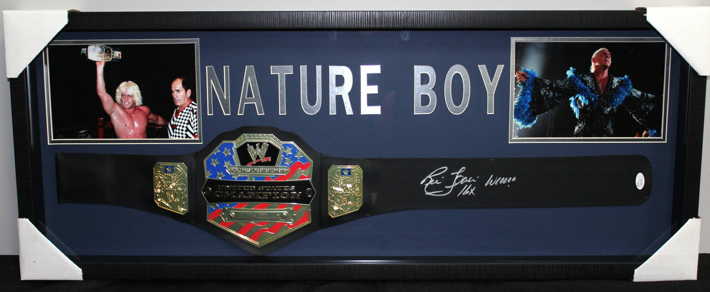 Rick Flair Signed WWE United States Championship Belt 39x15x2 Custom Framed Shadowbox Display Inscribed "Wooooo" & "16 x" (JSA COA) at PristineAuction.com Rick Flair Signed WWE United States Championship Belt 39x15x2 Custom Framed Shadowbox Display Inscribed "Wooooo" & "16 x" (JSA COA) at PristineAuction.com