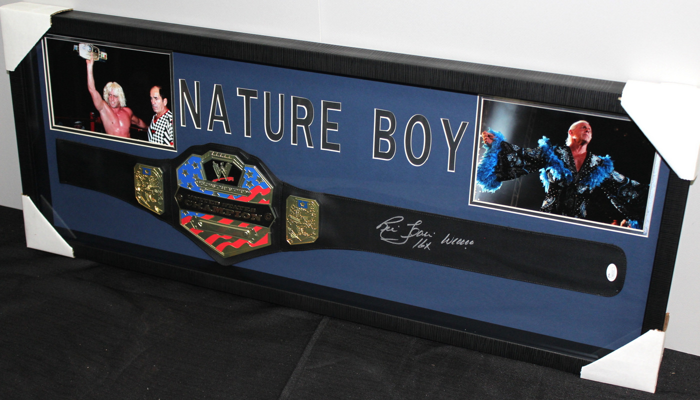 Rick Flair Signed WWE United States Championship Belt 39x15x2 Custom Framed Shadowbox Display Inscribed "Wooooo" & "16 x" (JSA COA) at PristineAuction.com Rick Flair Signed WWE United States Championship Belt 39x15x2 Custom Framed Shadowbox Display Inscribed "Wooooo" & "16 x" (JSA COA) at PristineAuction.com