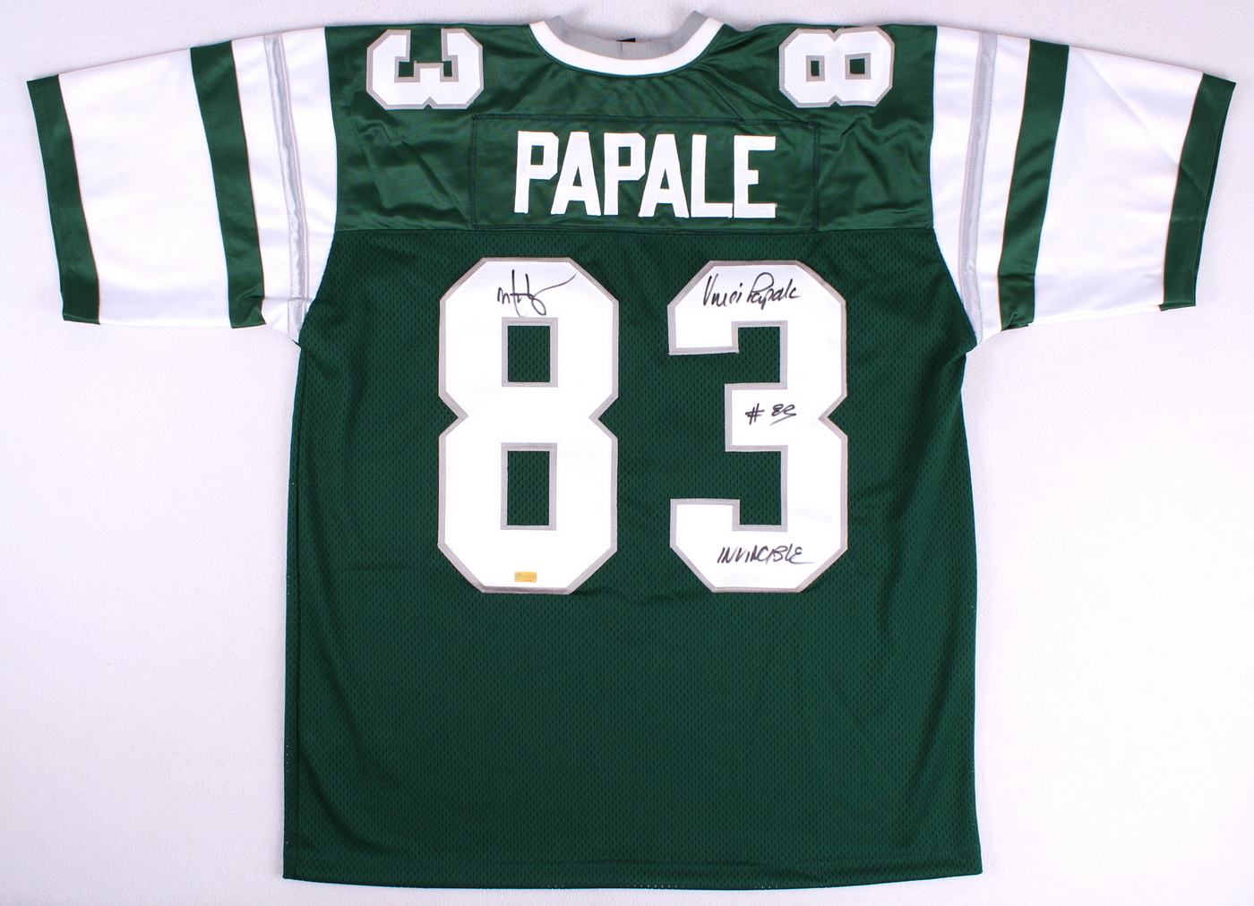 Mark Wahlberg & Vince Papale Dual Signed Eagles Jersey Inscribed "Invincible" (Celebrity Authentics COA) at PristineAuction.com Mark Wahlberg & Vince Papale Dual Signed Eagles Jersey Inscribed "Invincible" (Celebrity Authentics COA) at PristineAuction.com