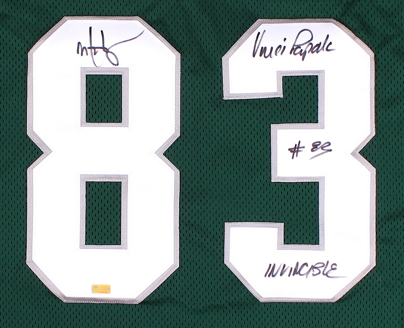 Mark Wahlberg & Vince Papale Dual Signed Eagles Jersey Inscribed "Invincible" (Celebrity Authentics COA) at PristineAuction.com Mark Wahlberg & Vince Papale Dual Signed Eagles Jersey Inscribed "Invincible" (Celebrity Authentics COA) at PristineAuction.com