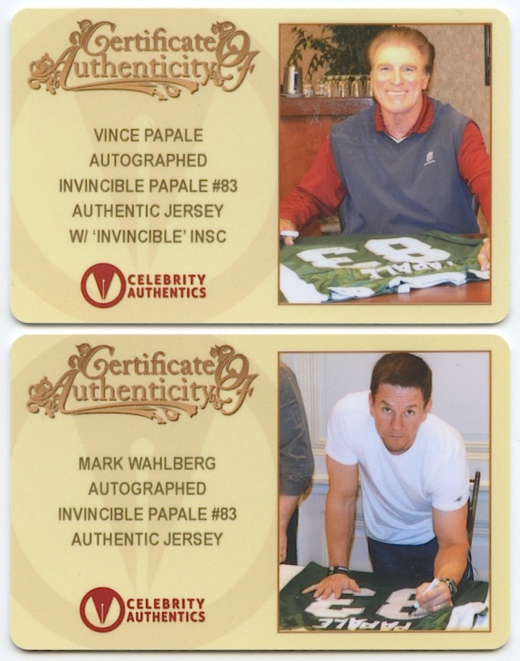Mark Wahlberg & Vince Papale Dual Signed Eagles Jersey Inscribed "Invincible" (Celebrity Authentics COA) at PristineAuction.com Mark Wahlberg & Vince Papale Dual Signed Eagles Jersey Inscribed "Invincible" (Celebrity Authentics COA) at PristineAuction.com