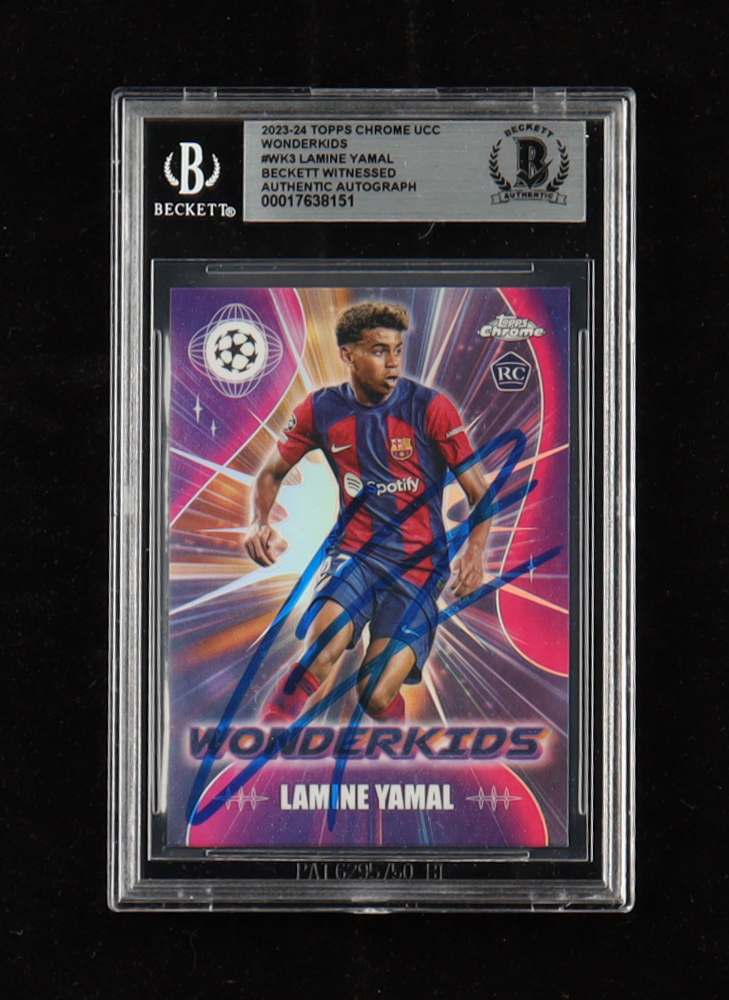 Lamine Yamal Signed 2023-24 Topps Chrome UEFA Club Competitions Wonderkids #WK3 RC (BGS) at PristineAuction.com Lamine Yamal Signed 2023-24 Topps Chrome UEFA Club Competitions Wonderkids #WK3 RC (BGS) at PristineAuction.com