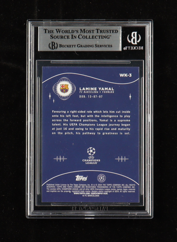 Lamine Yamal Signed 2023-24 Topps Chrome UEFA Club Competitions Wonderkids #WK3 RC (BGS) at PristineAuction.com Lamine Yamal Signed 2023-24 Topps Chrome UEFA Club Competitions Wonderkids #WK3 RC (BGS) at PristineAuction.com