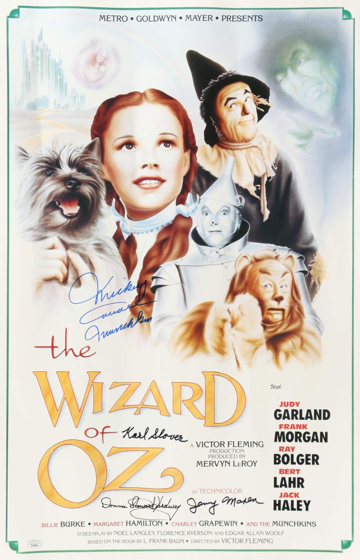 "The Wizard of Oz" 16x24 Poster Cast-Signed by (4) with Mickey Carroll, Jerry Maren, Karl Slover, & Donna Stewart Hardway with Inscriptions (JSA) at PristineAuction.com "The Wizard of Oz" 16x24 Poster Cast-Signed by (4) with Mickey Carroll, Jerry Maren, Karl Slover, & Donna Stewart Hardway with Inscriptions (JSA) at PristineAuction.com