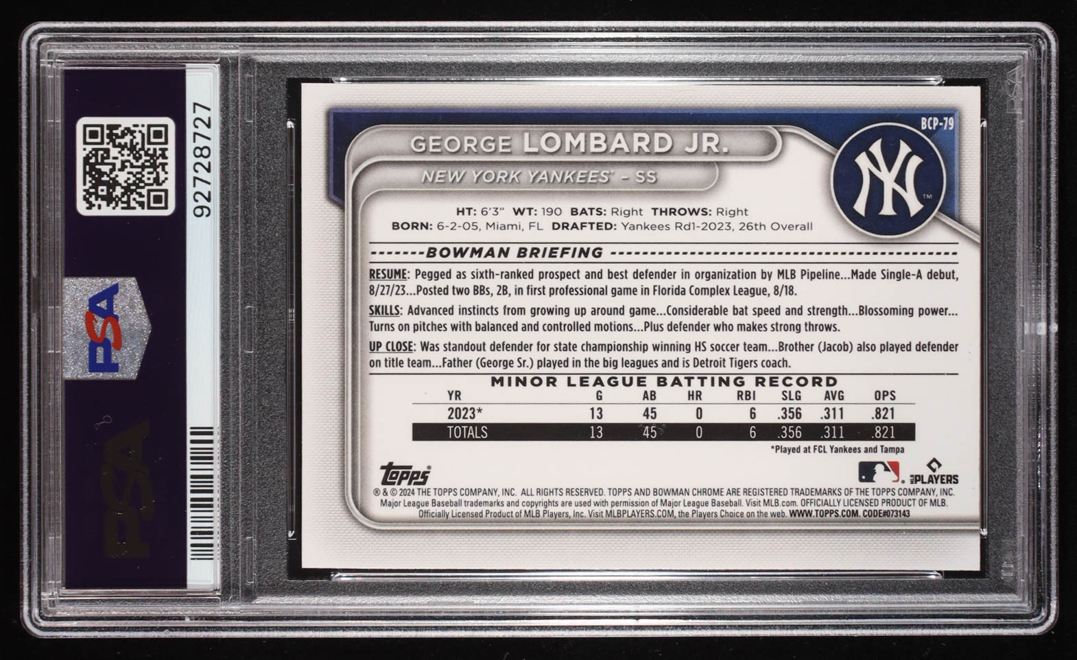 George Lombard Jr. 2024 Bowman Chrome Prospects #BCP79 RC (PSA 10) at PristineAuction.com George Lombard Jr. 2024 Bowman Chrome Prospects #BCP79 RC (PSA 10) at PristineAuction.com