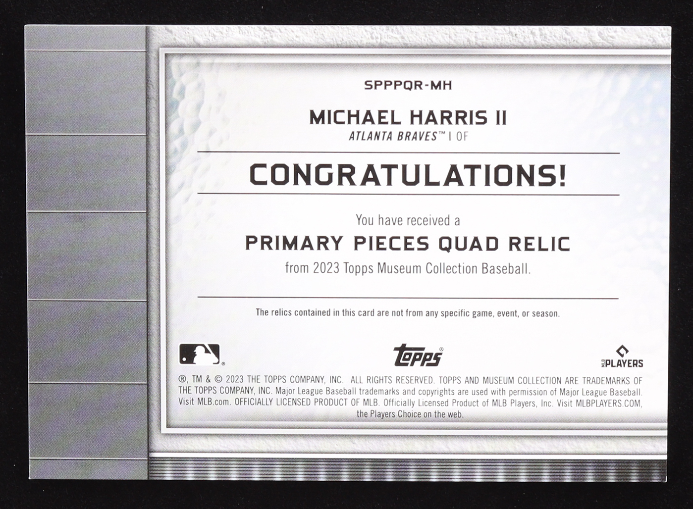 Michael Harris II 2023 Topps Museum Collection Primary Pieces Quad Relics Sapphire #SPPPQRMH RC #16/20 at PristineAuction.com Michael Harris II 2023 Topps Museum Collection Primary Pieces Quad Relics Sapphire #SPPPQRMH RC #16/20 at PristineAuction.com