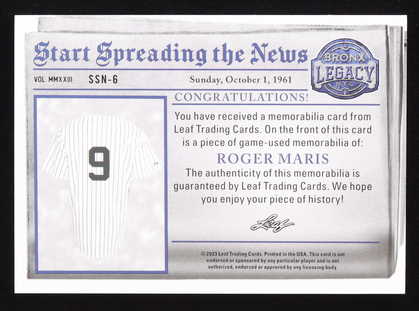 Roger Maris 2023 Leaf A Bronx Legacy Start Spreading the News Black #SSN6 #3/3 at PristineAuction.com Roger Maris 2023 Leaf A Bronx Legacy Start Spreading the News Black #SSN6 #3/3 at PristineAuction.com