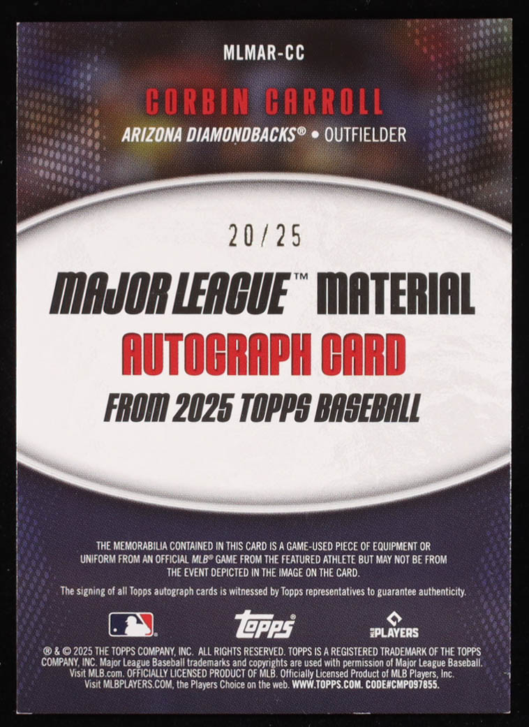 Corbin Carroll 2025 Topps Major League Materials Autographs Orange #MLMARCC #20/25 at PristineAuction.com Corbin Carroll 2025 Topps Major League Materials Autographs Orange #MLMARCC #20/25 at PristineAuction.com