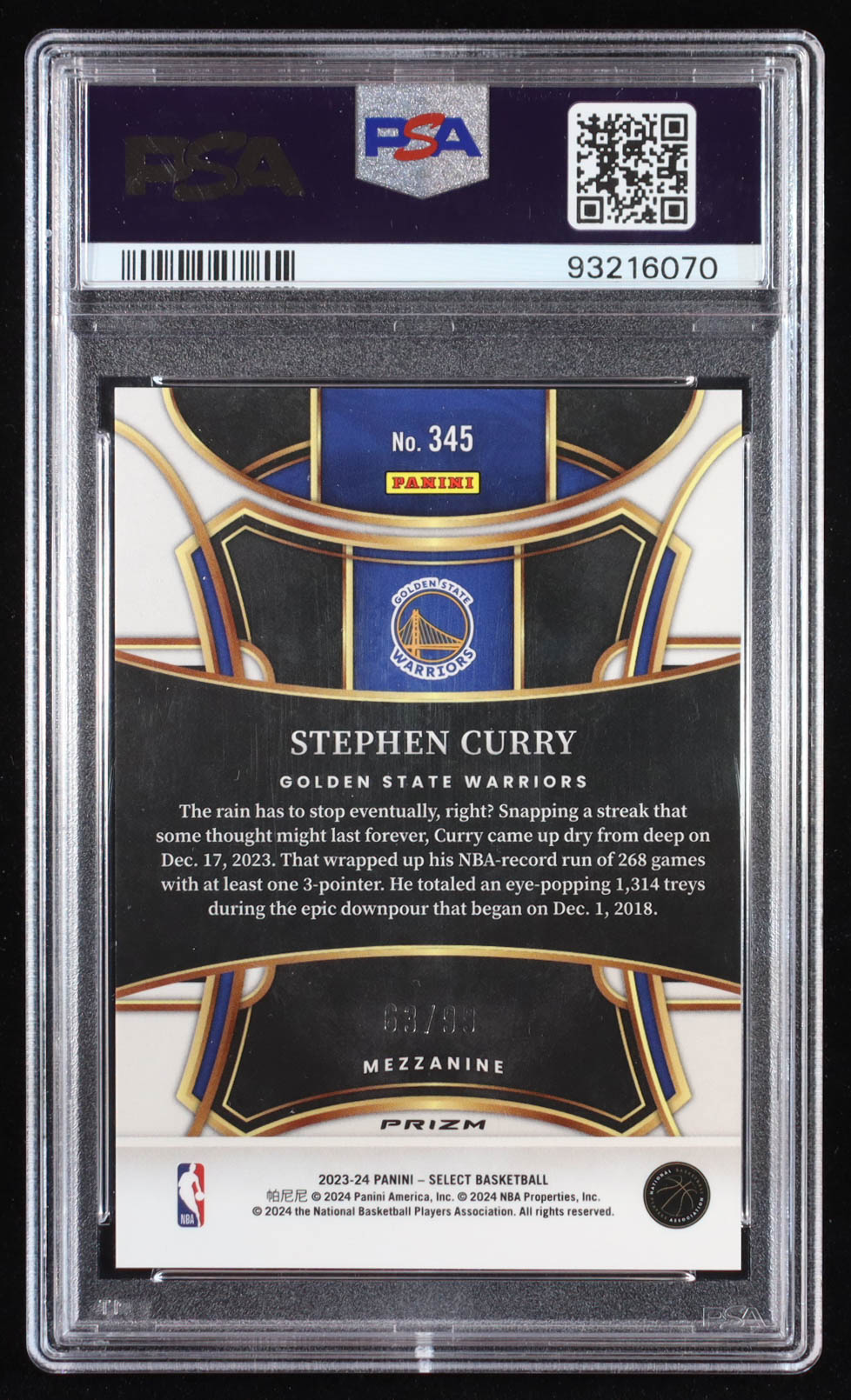 Stephen Curry 2023-24 Select Prizms Purple Cracked Ice #345 #63/99 (PSA 9) at PristineAuction.com Stephen Curry 2023-24 Select Prizms Purple Cracked Ice #345 #63/99 (PSA 9) at PristineAuction.com