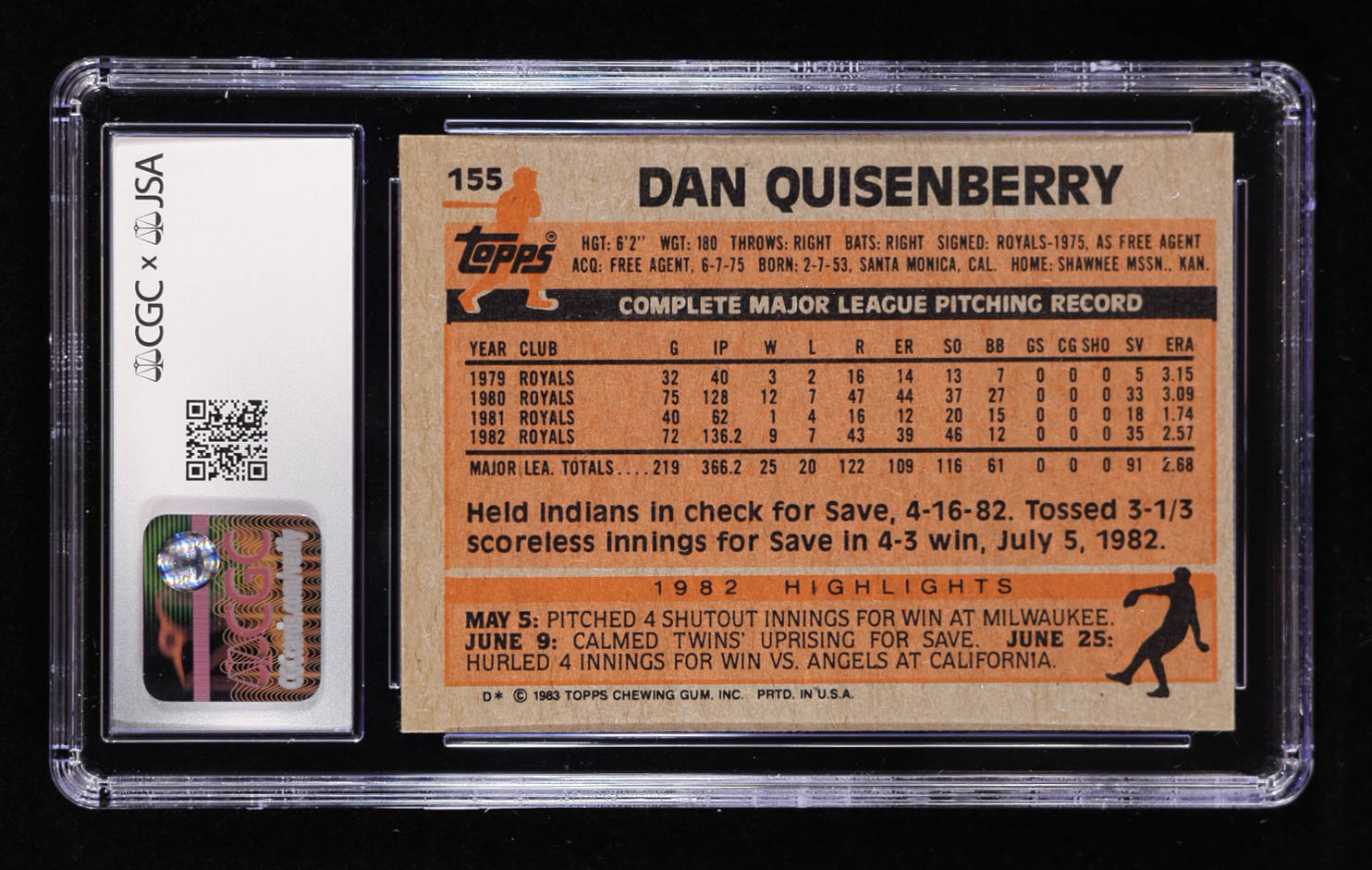 Dan Quisenberry Signed 1983 Topps #155 (CGC 5.5) at PristineAuction.com Dan Quisenberry Signed 1983 Topps #155 (CGC 5.5) at PristineAuction.com