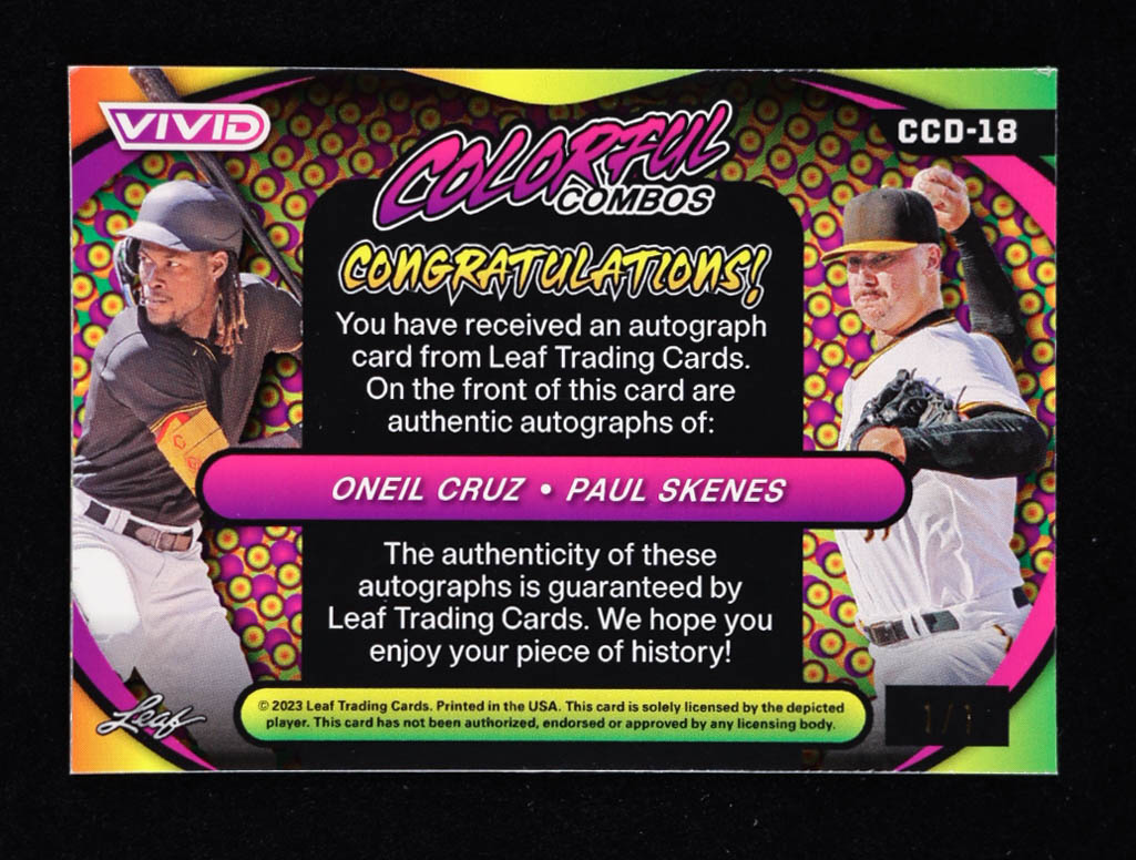 Oneil Cruz / Paul Skenes Signed 2023 Leaf Vivid Colorful Combos Purple Lazer #CCD-18 #1/1 at PristineAuction.com Oneil Cruz / Paul Skenes Signed 2023 Leaf Vivid Colorful Combos Purple Lazer #CCD-18 #1/1 at PristineAuction.com