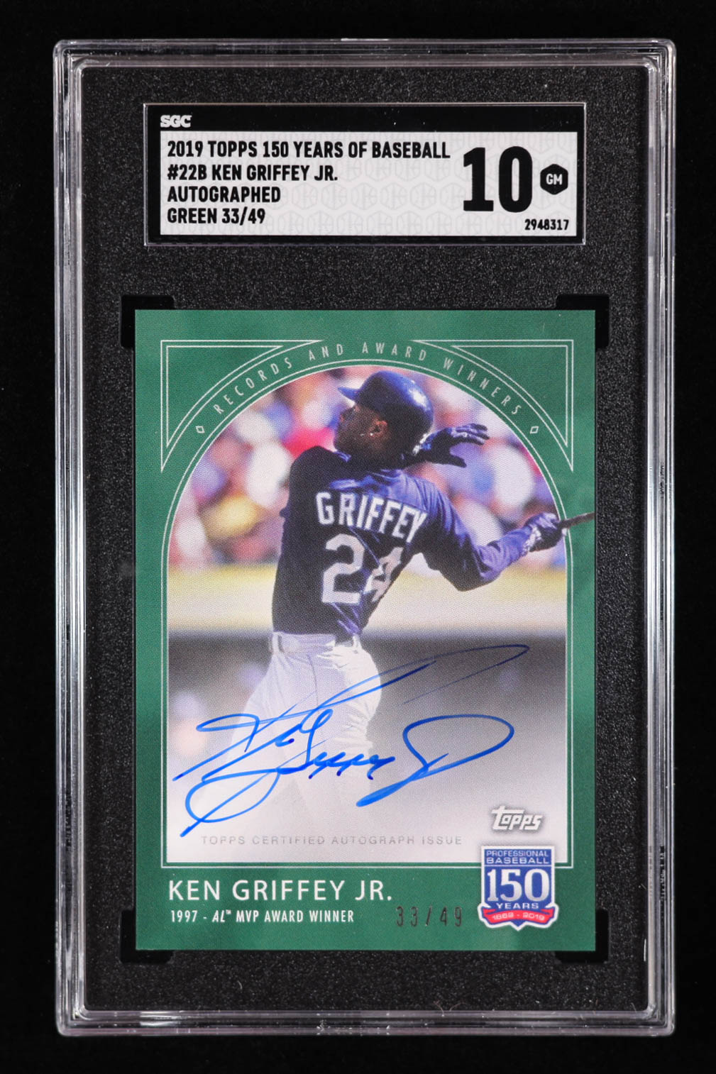 Ken Griffey Jr. 2019 Topps 150 Years of Baseball Autographs Green #22B #33/49 (SGC 10) at PristineAuction.com Ken Griffey Jr. 2019 Topps 150 Years of Baseball Autographs Green #22B #33/49 (SGC 10) at PristineAuction.com