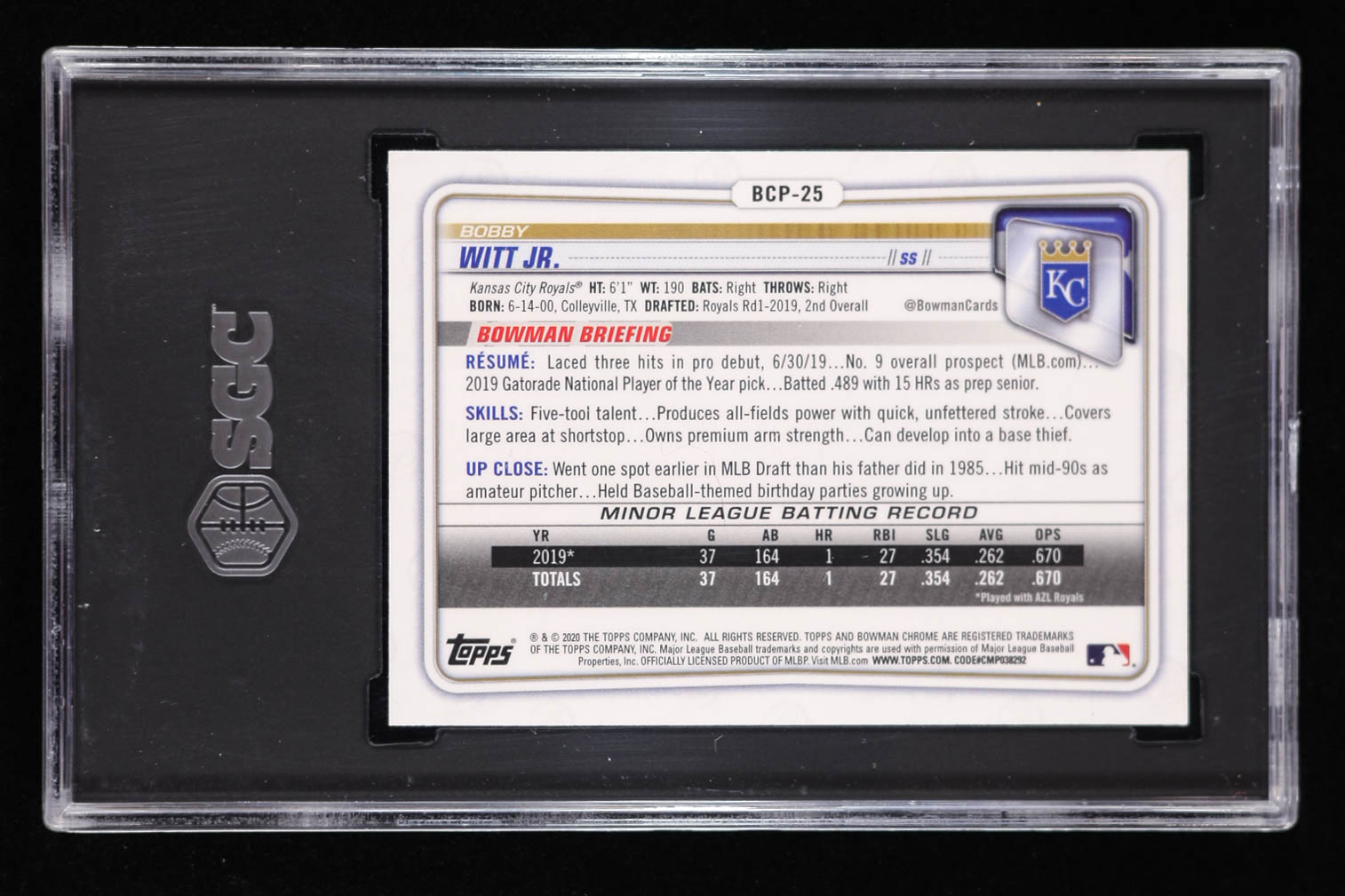 Bobby Witt Jr. 2020 Bowman Chrome Prospects #BCP25 RC (SGC 9) at PristineAuction.com Bobby Witt Jr. 2020 Bowman Chrome Prospects #BCP25 RC (SGC 9) at PristineAuction.com