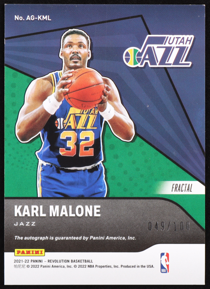 Karl Malone 2021-22 Panini Revolution Autographs Fractal #AGKML #49/100 at PristineAuction.com Karl Malone 2021-22 Panini Revolution Autographs Fractal #AGKML #49/100 at PristineAuction.com