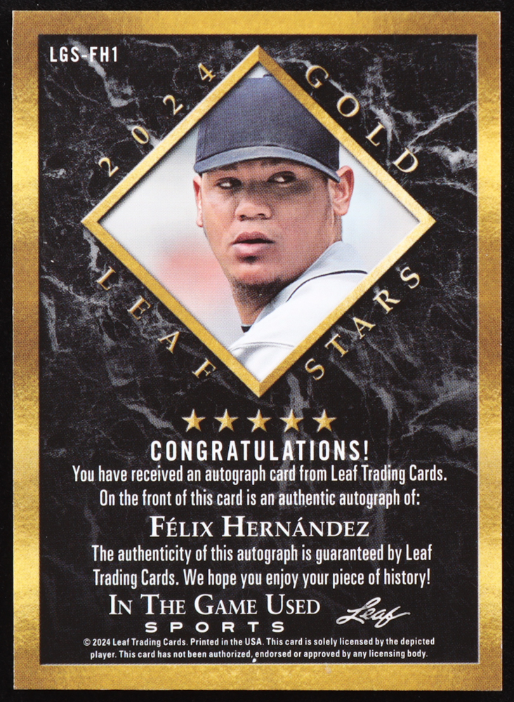 Felix Hernandez 2024 Leaf ITG Used Sports Gold Stars Autograph Rainbow #LGSFH1 #05/25 at PristineAuction.com Felix Hernandez 2024 Leaf ITG Used Sports Gold Stars Autograph Rainbow #LGSFH1 #05/25 at PristineAuction.com