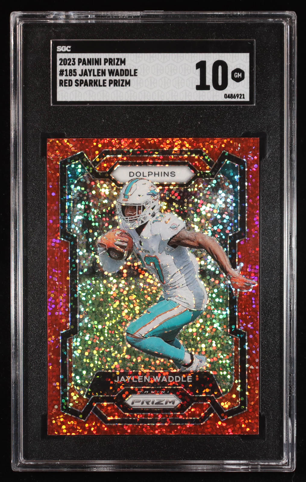 Jaylen Waddle 2023 Panini Prizm Prizms Red Sparkle #185 (SGC 10) at PristineAuction.com Jaylen Waddle 2023 Panini Prizm Prizms Red Sparkle #185 (SGC 10) at PristineAuction.com