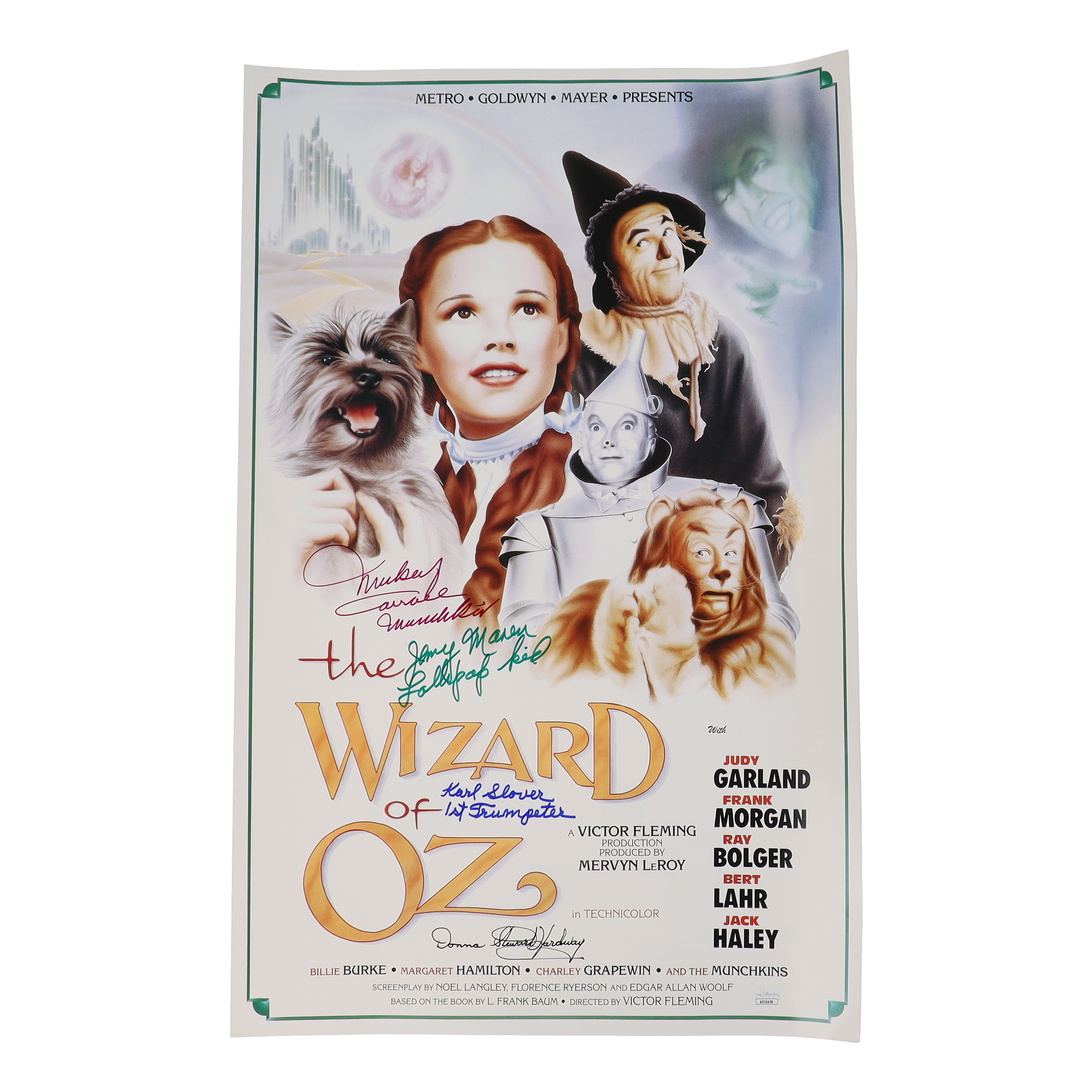 "The Wizard of Oz" 15x24 Movie Poster Photo Signed By (4) with Mickey Carroll, Jerry Maren, Karl Slover, Donna Stewart-Hardway With Character Inscriptions (JSA) at PristineAuction.com "The Wizard of Oz" 15x24 Movie Poster Photo Signed By (4) with Mickey Carroll, Jerry Maren, Karl Slover, Donna Stewart-Hardway With Character Inscriptions (JSA) at PristineAuction.com
