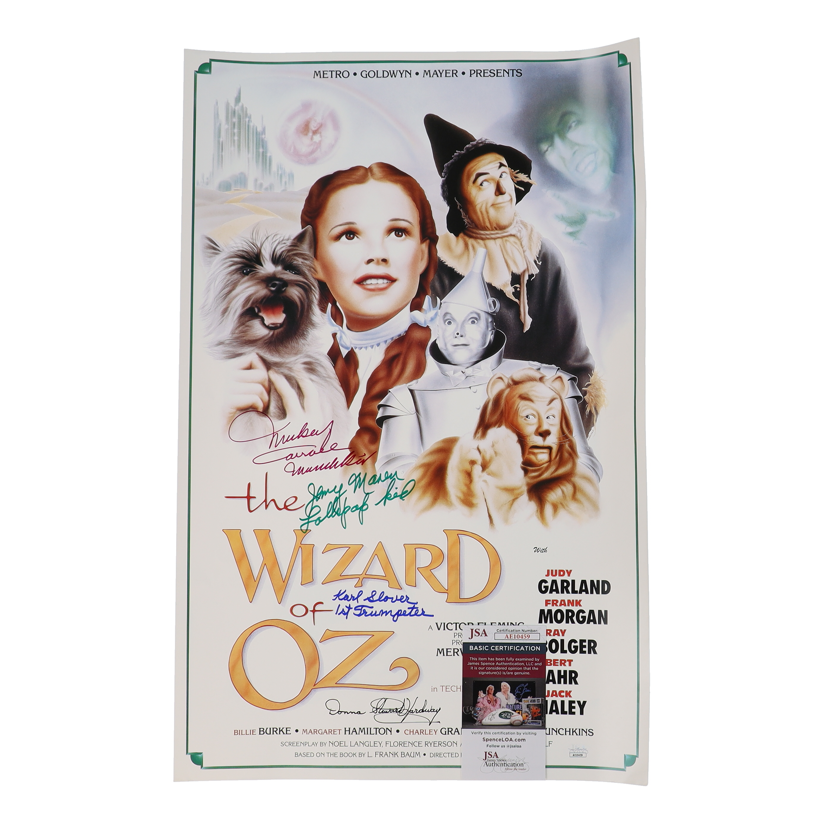 "The Wizard of Oz" 15x24 Movie Poster Photo Signed By (4) with Mickey Carroll, Jerry Maren, Karl Slover, Donna Stewart-Hardway With Character Inscriptions (JSA) at PristineAuction.com "The Wizard of Oz" 15x24 Movie Poster Photo Signed By (4) with Mickey Carroll, Jerry Maren, Karl Slover, Donna Stewart-Hardway With Character Inscriptions (JSA) at PristineAuction.com
