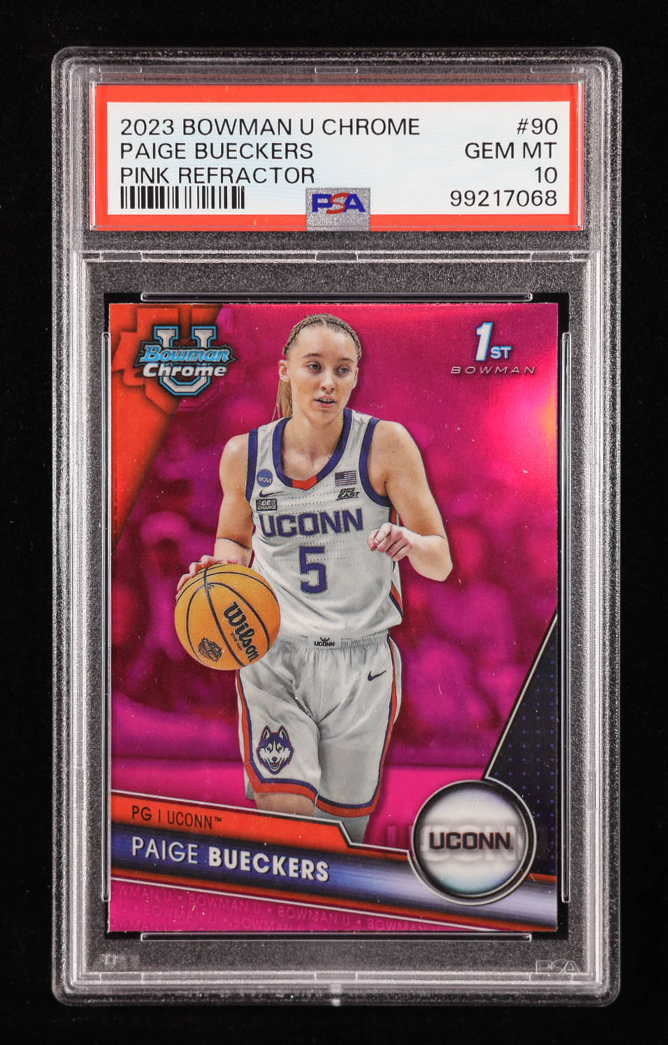 Paige Bueckers 2023-24 Bowman Chrome University #90 Pink Refractor RC (PSA 10) at PristineAuction.com Paige Bueckers 2023-24 Bowman Chrome University #90 Pink Refractor RC (PSA 10) at PristineAuction.com