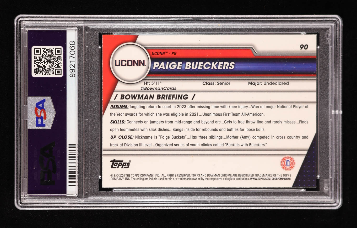 Paige Bueckers 2023-24 Bowman Chrome University #90 Pink Refractor RC (PSA 10) at PristineAuction.com Paige Bueckers 2023-24 Bowman Chrome University #90 Pink Refractor RC (PSA 10) at PristineAuction.com