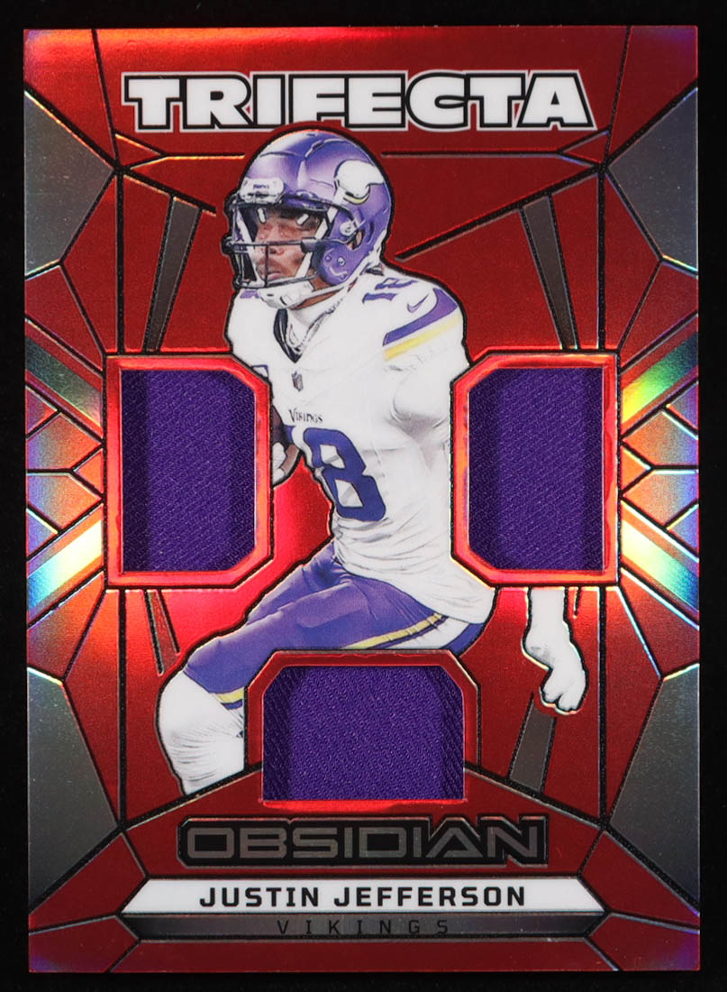 Justin Jefferson 2024 Panini Obsidian Trifecta Swatches Red #30 #65/75 at PristineAuction.com Justin Jefferson 2024 Panini Obsidian Trifecta Swatches Red #30 #65/75 at PristineAuction.com