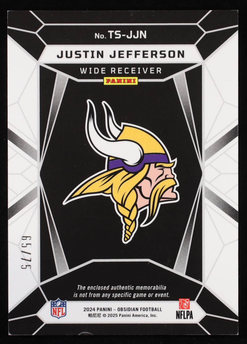 Justin Jefferson 2024 Panini Obsidian Trifecta Swatches Red #30 #65/75 at PristineAuction.com Justin Jefferson 2024 Panini Obsidian Trifecta Swatches Red #30 #65/75 at PristineAuction.com