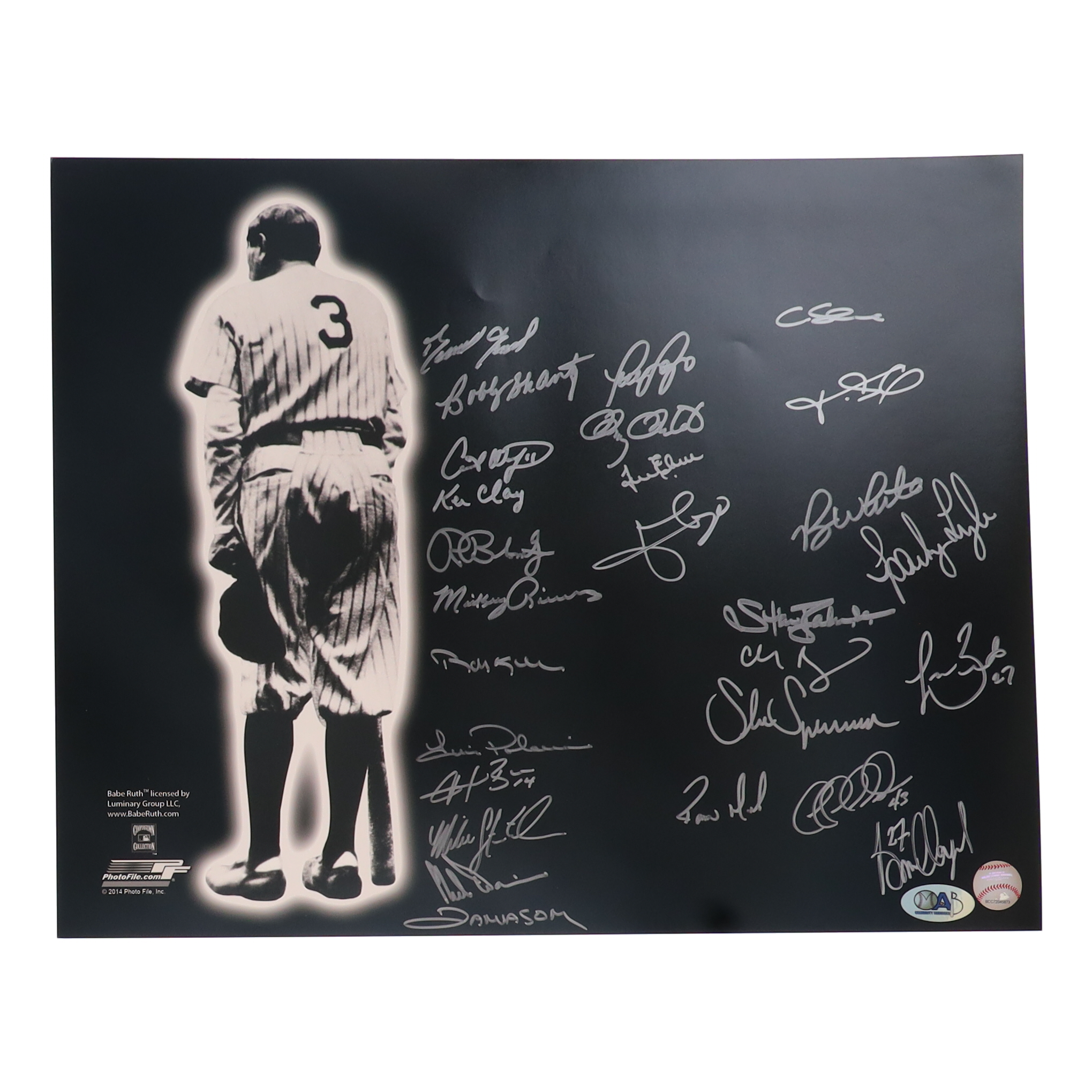Babe Ruth Tribute 16x20 Photo Signed by (27) with Mickey Rivers, Bobby Shantz, Ken Clay, Ron Blomberg (MAB Hologram) at PristineAuction.com Babe Ruth Tribute 16x20 Photo Signed by (27) with Mickey Rivers, Bobby Shantz, Ken Clay, Ron Blomberg (MAB Hologram) at PristineAuction.com