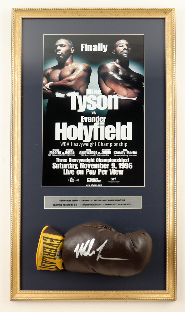 Mike Tyson Signed Custom Framed Everlast Boxing Glove Display with Tyson Holyfield Fight Poster (Tyson) at PristineAuction.com Mike Tyson Signed Custom Framed Everlast Boxing Glove Display with Tyson Holyfield Fight Poster (Tyson) at PristineAuction.com