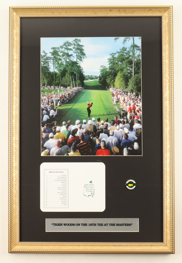 "Tiger Woods At The Masters" Custom Framed Photo Display with 2005 Masters Tournament Pin & Scorecard at PristineAuction.com "Tiger Woods At The Masters" Custom Framed Photo Display with 2005 Masters Tournament Pin & Scorecard at PristineAuction.com