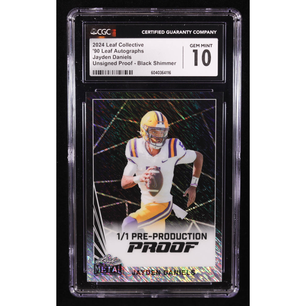 Jayden Daniels 2024 Leaf Metal '90 Black Shimmer Pre-Production Proof RC #1/1 (CGC 10) at PristineAuction.com
