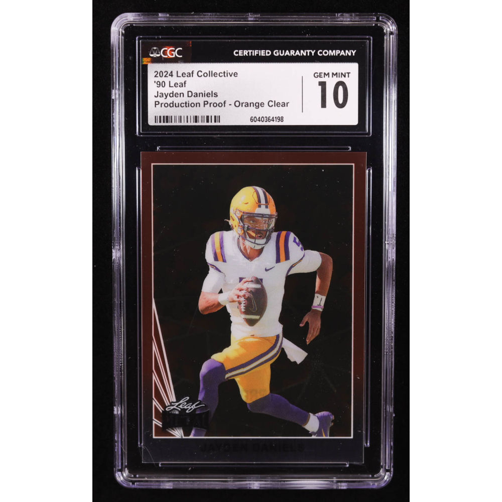 Jayden Daniels 2024 Leaf Metal '90 Orange Clear Pre-Production Proof RC #1/1 (CGC 10) at PristineAuction.com