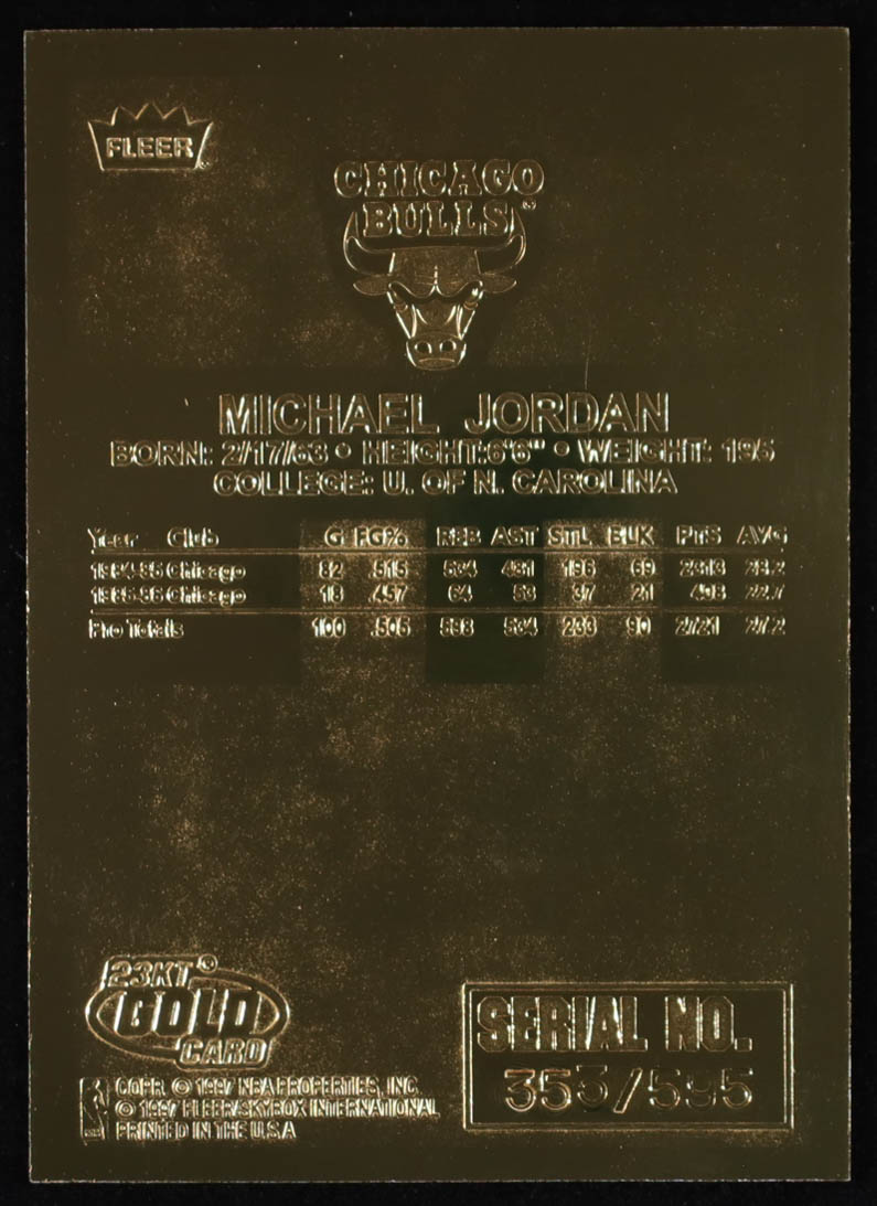 Michael Jordan 1996 Fleer 23Kt Genuine Diamond Gold Card #353/595 at PristineAuction.com Michael Jordan 1996 Fleer 23Kt Genuine Diamond Gold Card #353/595 at PristineAuction.com