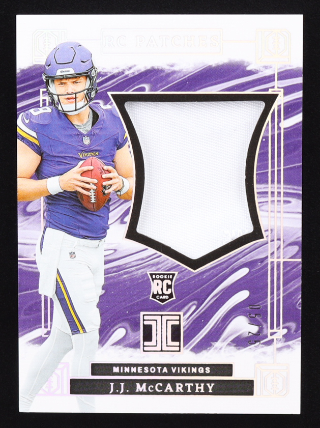 JJ McCarthy 2024 Panini Impeccable RC Logo Patches Silver #8 RC #05/25 at PristineAuction.com JJ McCarthy 2024 Panini Impeccable RC Logo Patches Silver #8 RC #05/25 at PristineAuction.com