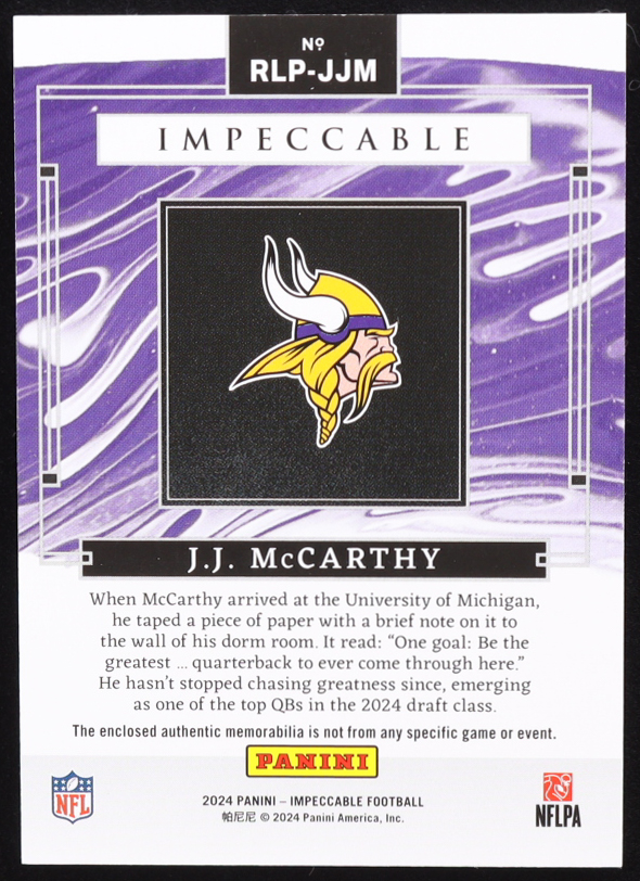 JJ McCarthy 2024 Panini Impeccable RC Logo Patches Silver #8 RC #05/25 at PristineAuction.com JJ McCarthy 2024 Panini Impeccable RC Logo Patches Silver #8 RC #05/25 at PristineAuction.com