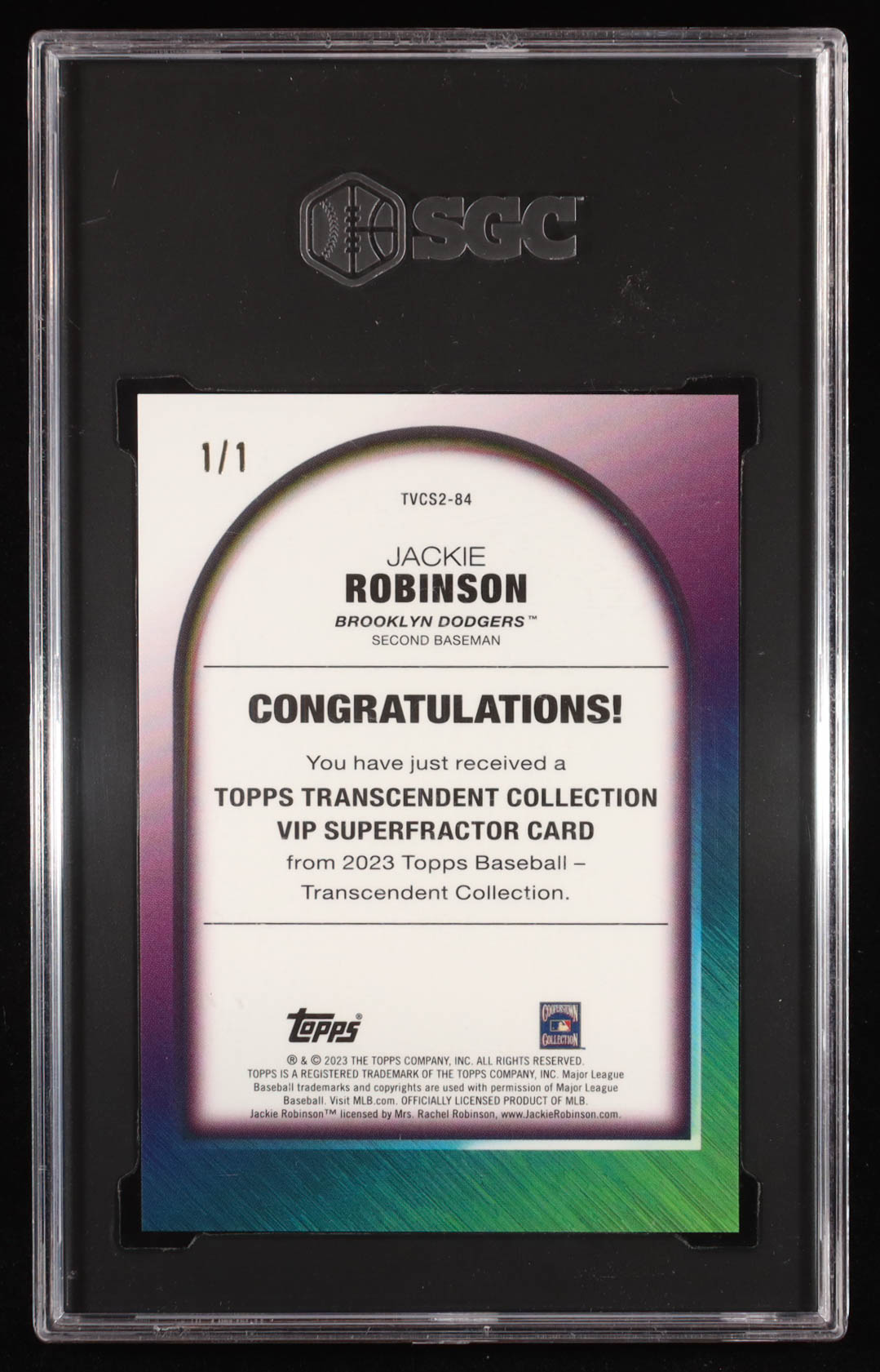Jackie Robinson 2023 Topps Transcendent VIP Superfractor #TVCS2-84 #1/1 (SGC 9.5) at PristineAuction.com Jackie Robinson 2023 Topps Transcendent VIP Superfractor #TVCS2-84 #1/1 (SGC 9.5) at PristineAuction.com