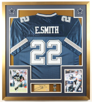Emmitt Smith Signed Cowboys Custom Framed Cut Display with Jersey, (2) Career Stat Pins & (2) Team Logo Patches (JSA) at PristineAuction.com