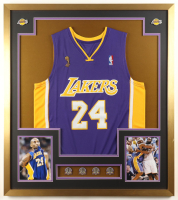 Kobe Bryant Custom Framed Jersey Display with LE 2000, 2002, 2009 & 2010 NBA Champions Pins & (2) Team Logo Pins at PristineAuction.com