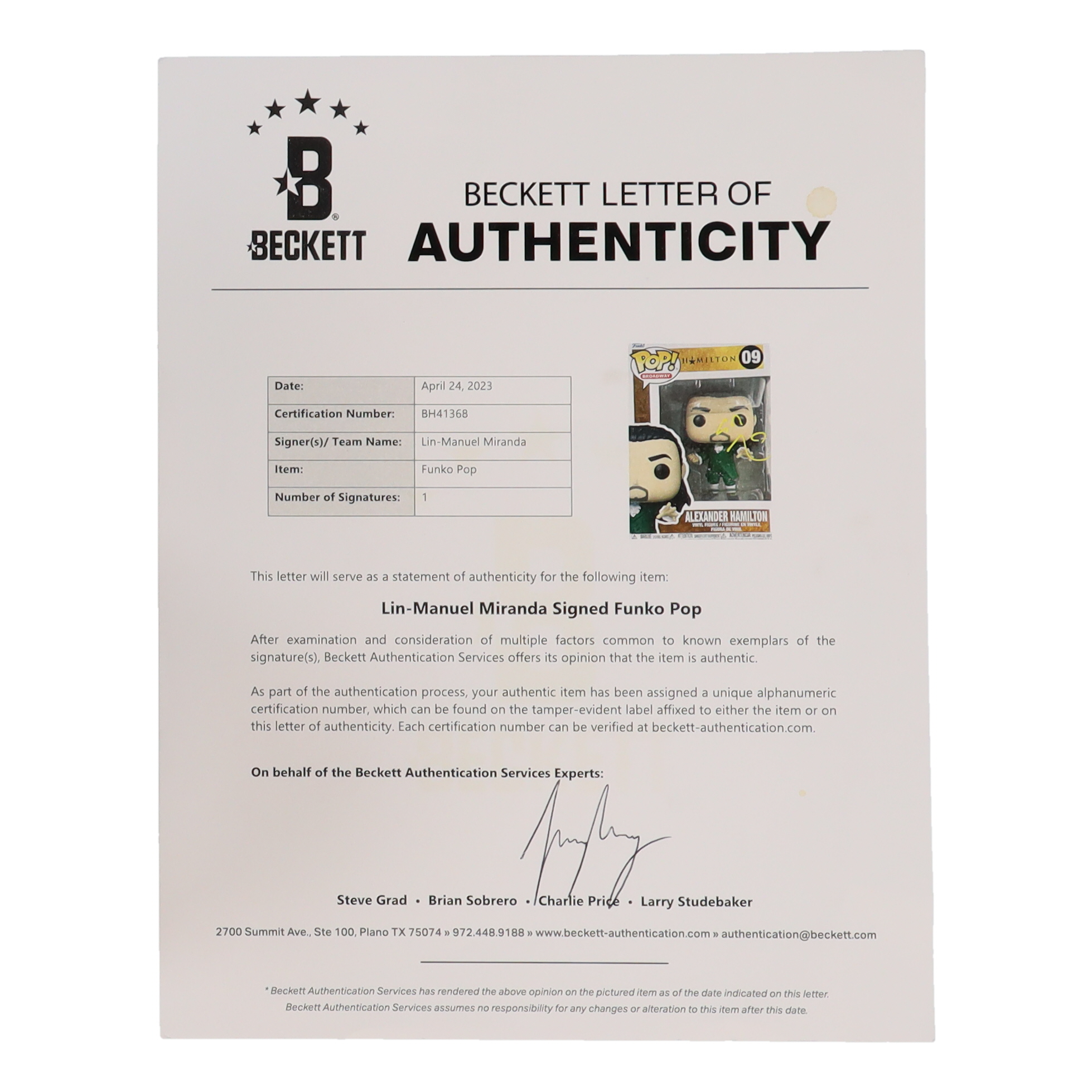 Lin-Manuel Miranda Signed "Hamilton" Alexander Hamilton #09 Funko Pop! Vinyl Figure (Beckett) at PristineAuction.com Lin-Manuel Miranda Signed "Hamilton" Alexander Hamilton #09 Funko Pop! Vinyl Figure (Beckett) at PristineAuction.com
