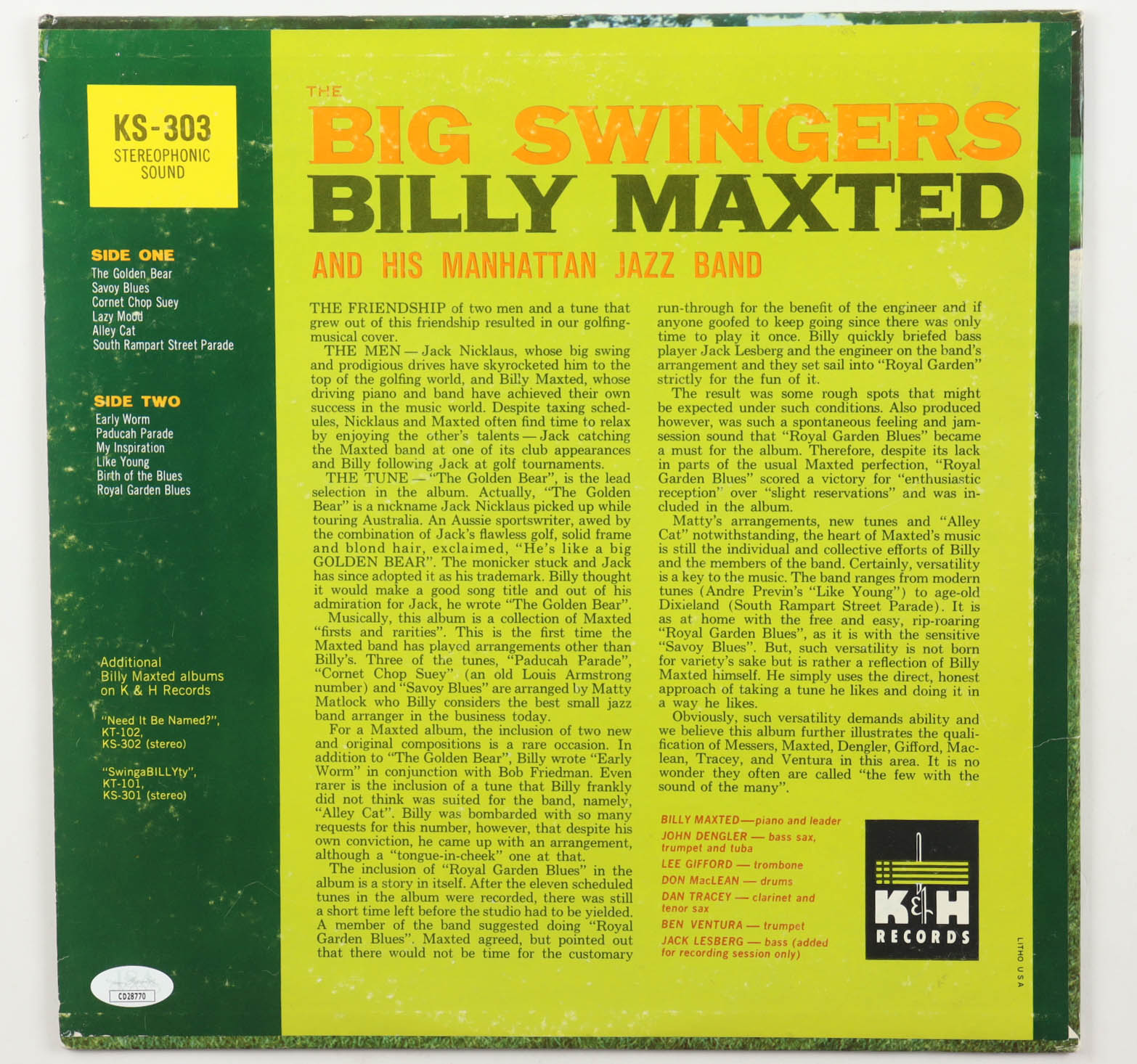 Jack Nicklaus Signed Billy Maxted "The Big Swingers" Vinyl Record Album Inscribed "All The Best" (JSA) at PristineAuction.com Jack Nicklaus Signed Billy Maxted "The Big Swingers" Vinyl Record Album Inscribed "All The Best" (JSA) at PristineAuction.com