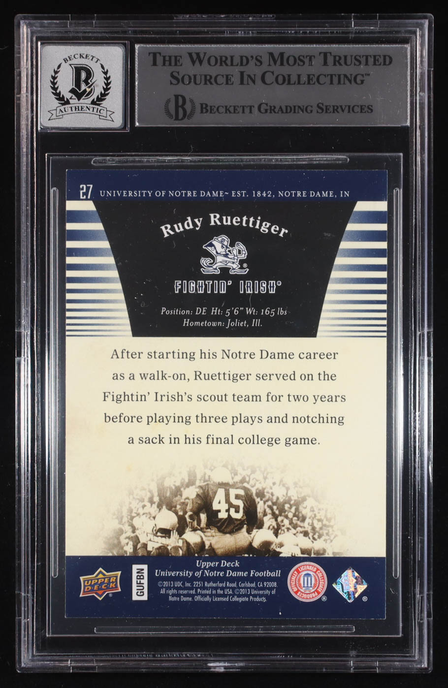 Rudy Ruettiger Signed 2013 Upper Deck Notre Dame #27 (Beckett Authentic) at PristineAuction.com Rudy Ruettiger Signed 2013 Upper Deck Notre Dame #27 (Beckett Authentic) at PristineAuction.com