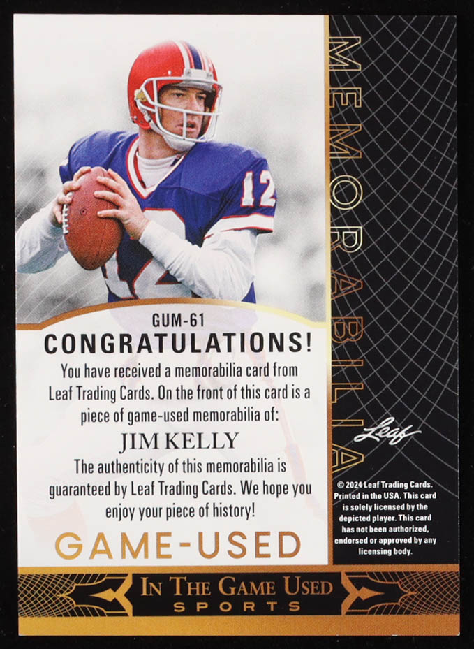 Jim Kelly 2024 Leaf ITG Game-Used Memorabilia Platinum Blue #GUM61 at PristineAuction.com Jim Kelly 2024 Leaf ITG Game-Used Memorabilia Platinum Blue #GUM61 at PristineAuction.com