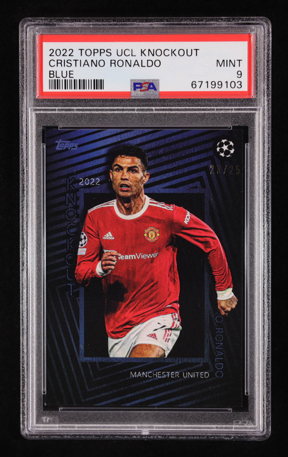 Cristiano Ronaldo 2022 Topps UEFA Champions League Knockout Blue #NNO #23/25 (PSA 9) at PristineAuction.com Cristiano Ronaldo 2022 Topps UEFA Champions League Knockout Blue #NNO #23/25 (PSA 9) at PristineAuction.com