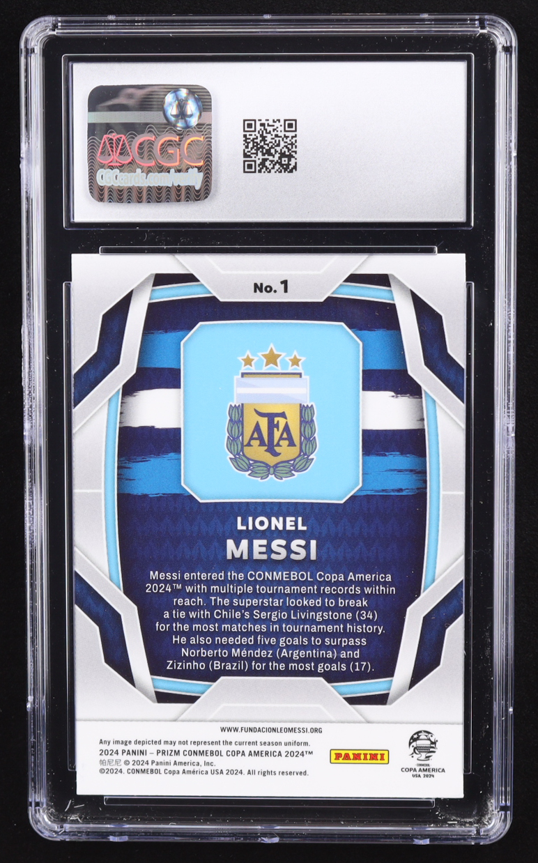 Lionel Messi 2024 Panini Prizm Copa America #1 (CGC 10) at PristineAuction.com Lionel Messi 2024 Panini Prizm Copa America #1 (CGC 10) at PristineAuction.com
