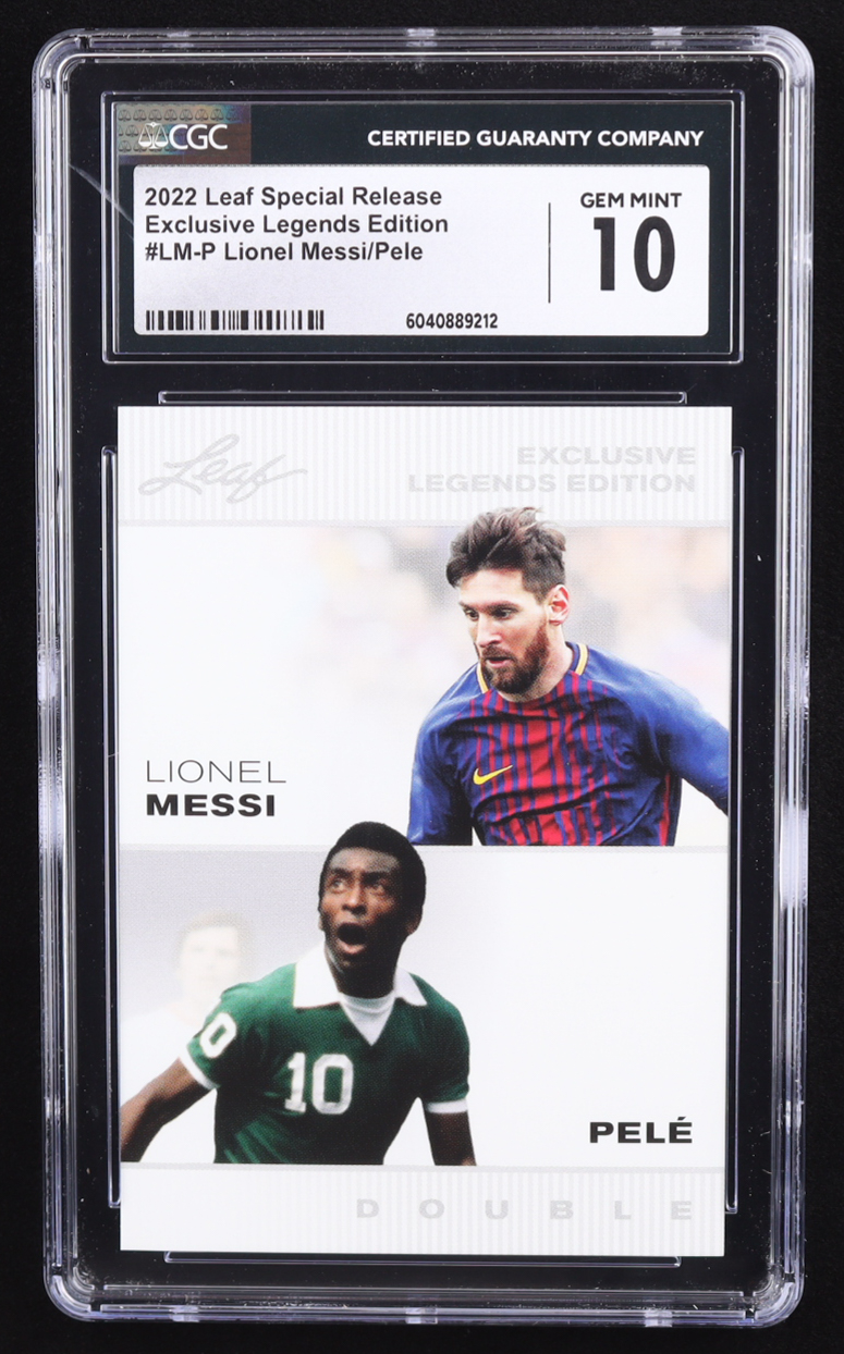 Lionel Messi / Pele 2022 Leaf Special Release Exclusive Legends #LMP (CGC 10) at PristineAuction.com Lionel Messi / Pele 2022 Leaf Special Release Exclusive Legends #LMP (CGC 10) at PristineAuction.com