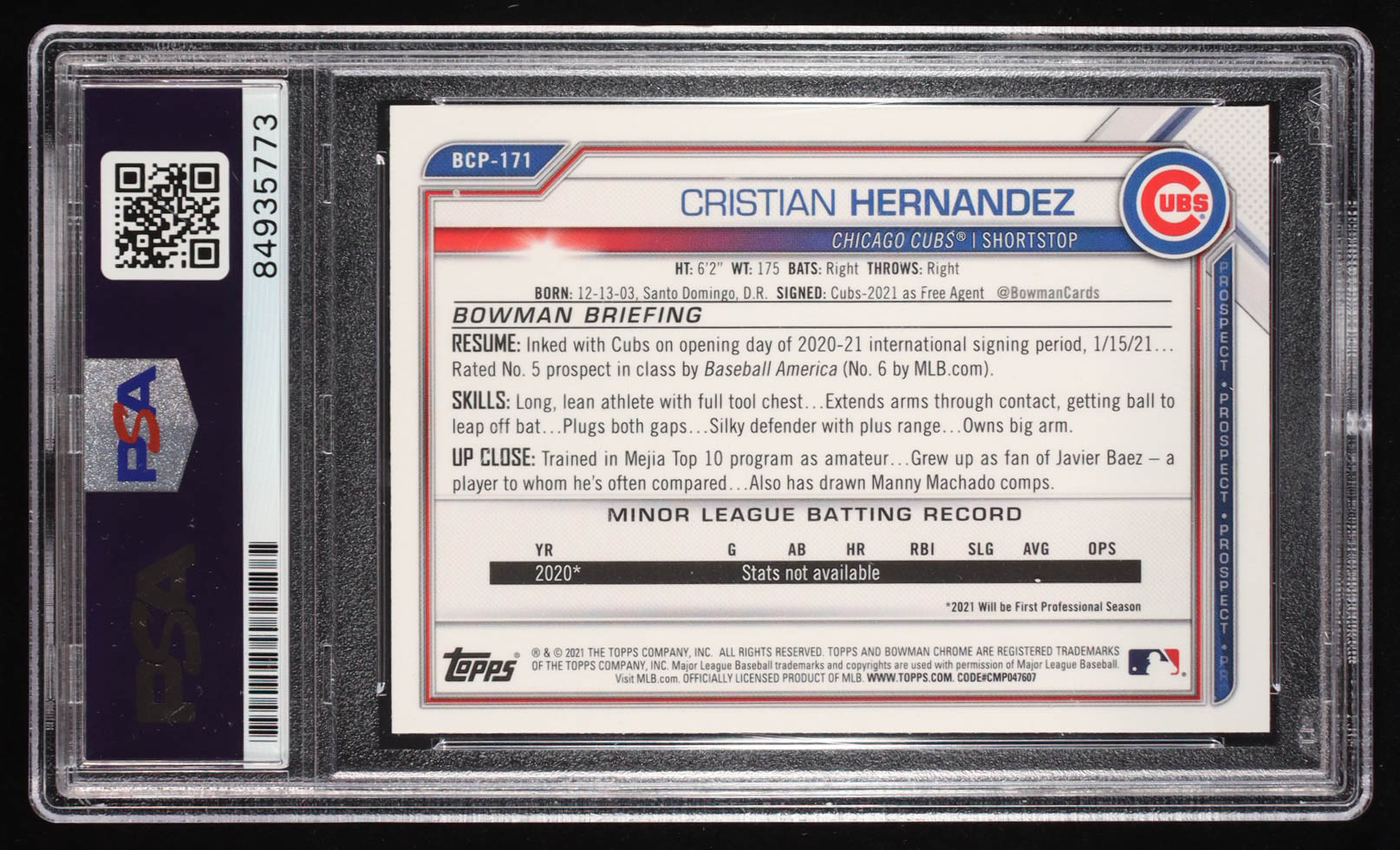 Cristian Hernandez Signed 2021 Bowman Chrome Prospects #BCP171 RC (PSA) at PristineAuction.com Cristian Hernandez Signed 2021 Bowman Chrome Prospects #BCP171 RC (PSA) at PristineAuction.com
