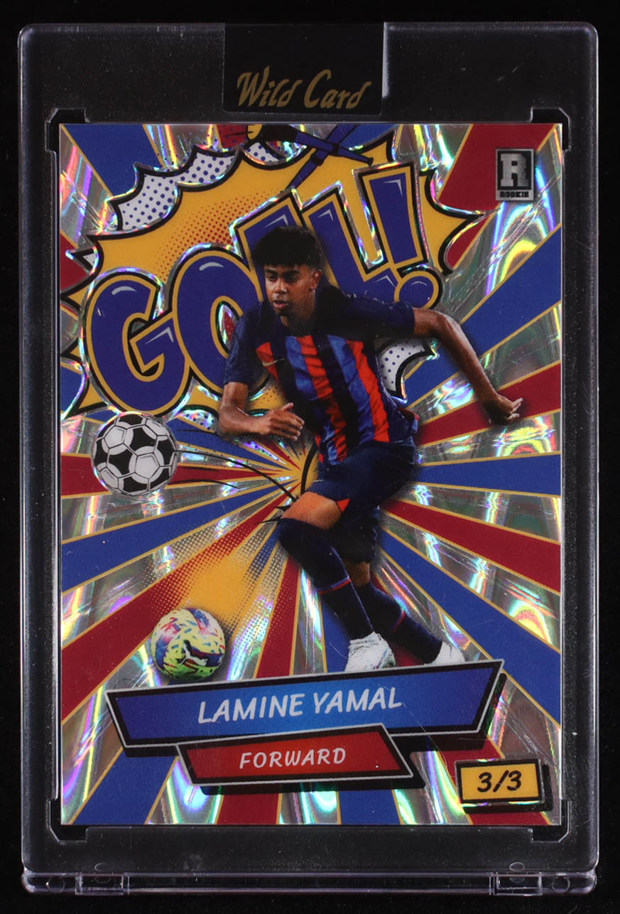 Lamine Yamal 2024 Wild Card Alumination Comix Goal! Red Blue Silver Wave #LY5 RC #3/3 at PristineAuction.com Lamine Yamal 2024 Wild Card Alumination Comix Goal! Red Blue Silver Wave #LY5 RC #3/3 at PristineAuction.com