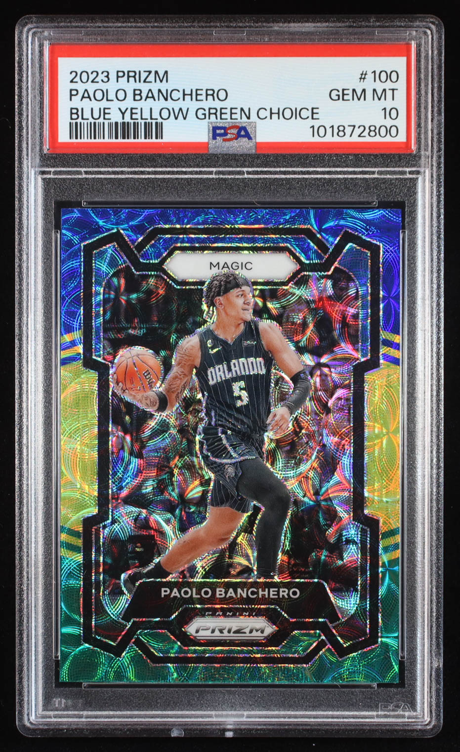 Paolo Banchero 2023-24 Panini Prizm Prizms Choice Blue Yellow and Green #100 (PSA 10) at PristineAuction.com Paolo Banchero 2023-24 Panini Prizm Prizms Choice Blue Yellow and Green #100 (PSA 10) at PristineAuction.com