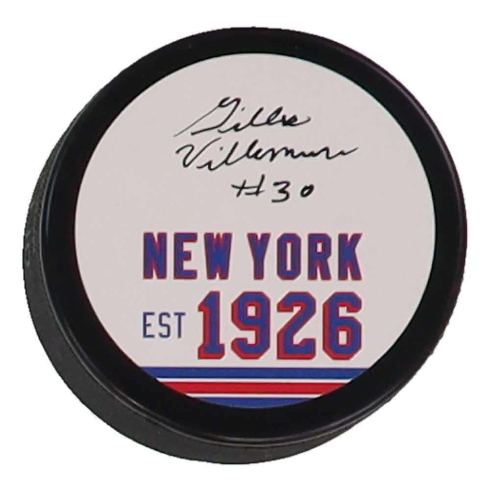 Gilles Villemure Signed Rangers Logo Hockey Puck (JSA) at PristineAuction.com